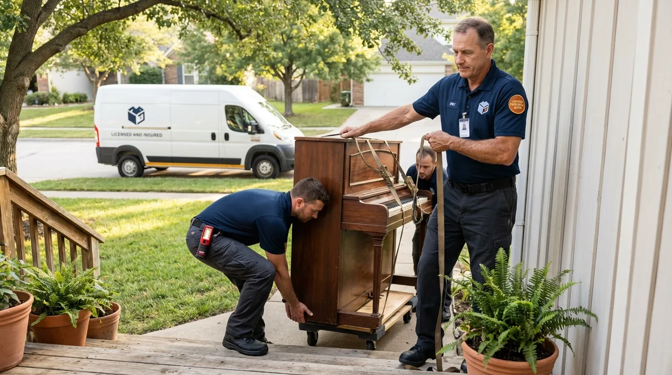 Licensed piano movers securing grand piano in Clifton, TN