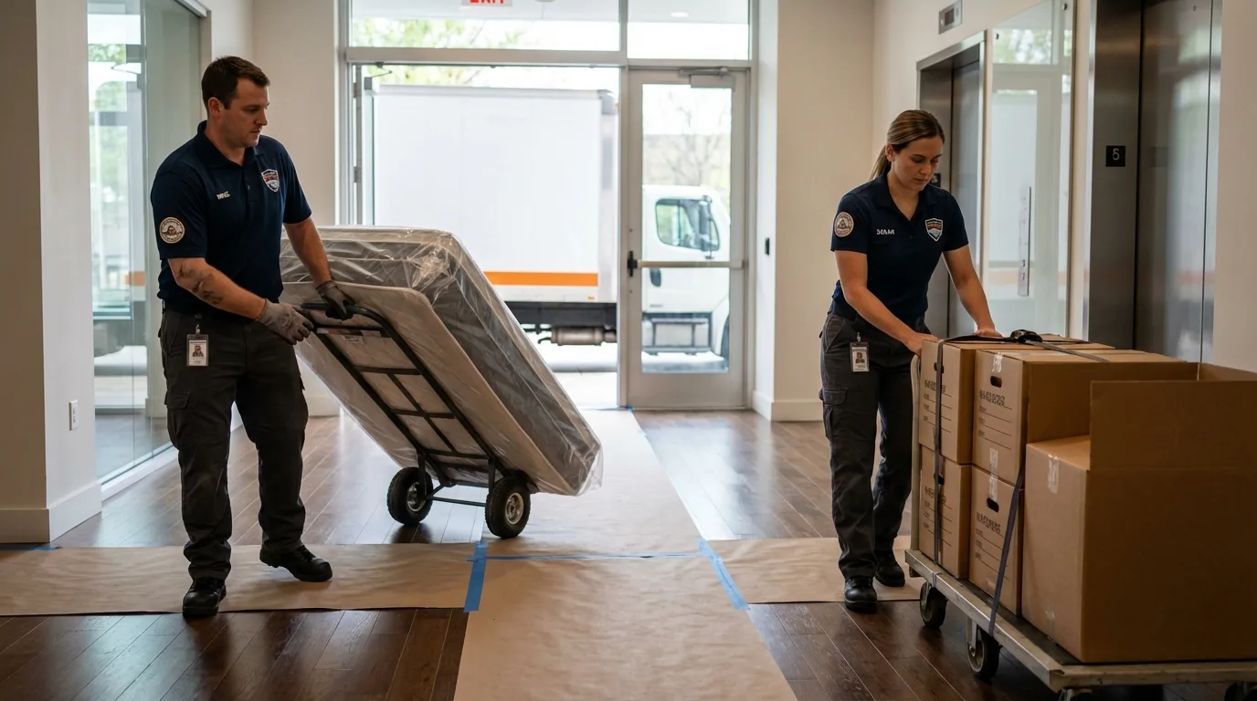 Professional apartment movers loading elevator in Clifton, TN